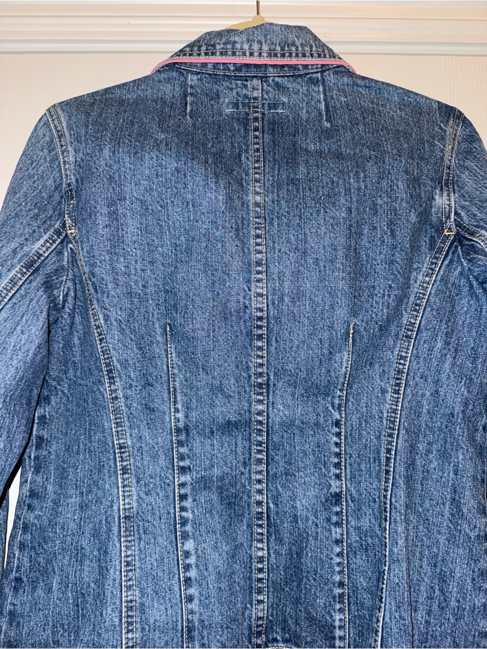 Crazy Horse Denim Blazer Jean Jacket Pink Trim Button Front Medium Y2K - Picture 6 of 10